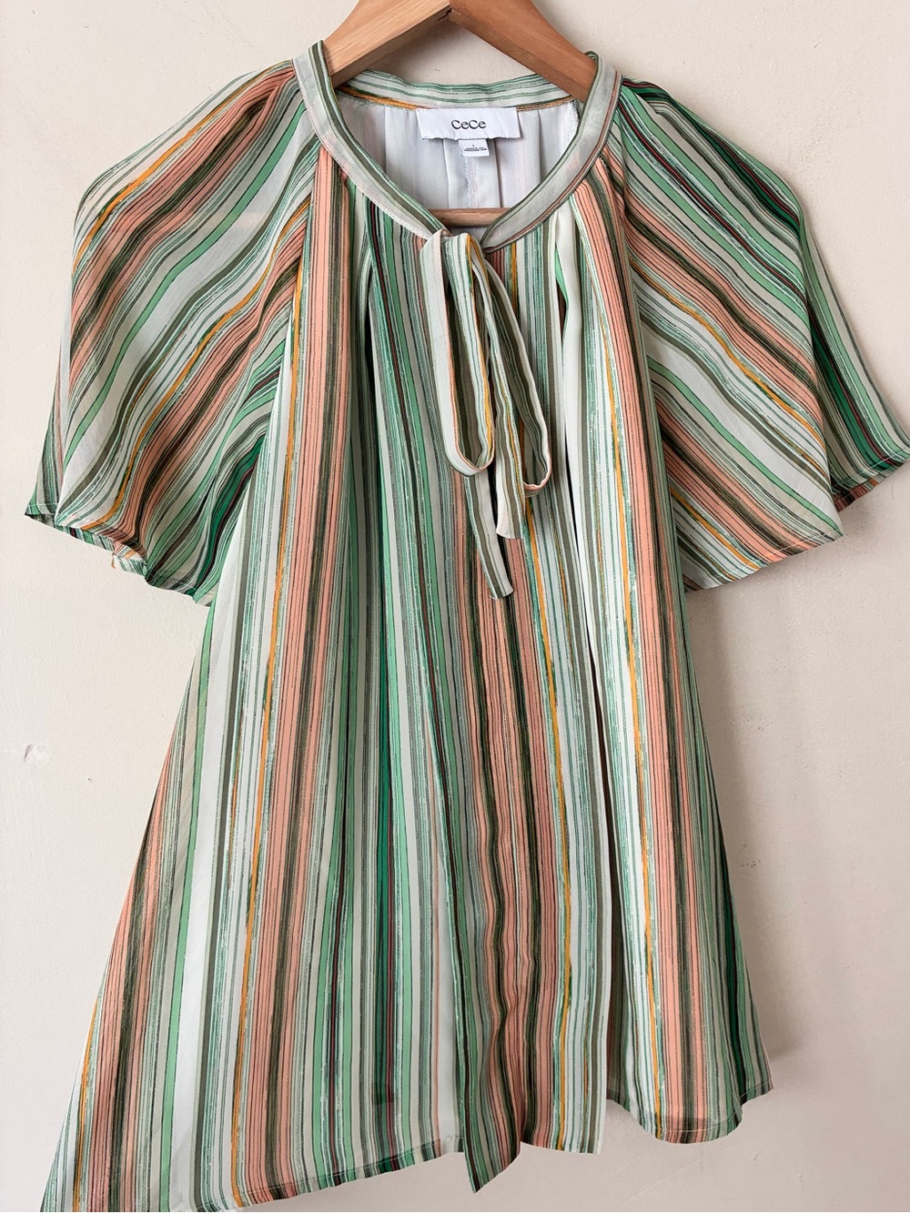 CeCe Women Green Peach Striped Tie Neck Flutter Sleeve Blouse Top Large